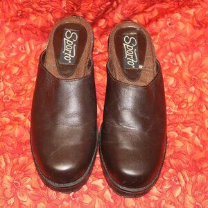 Sporto women's brown leather slip on mule shoes with block 2" heels
